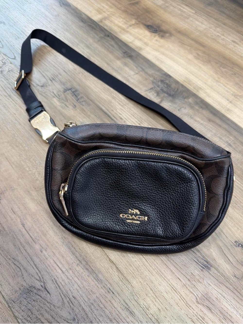 Coach Brown and Black Leather Logo Belt Bag with Gold Hardware